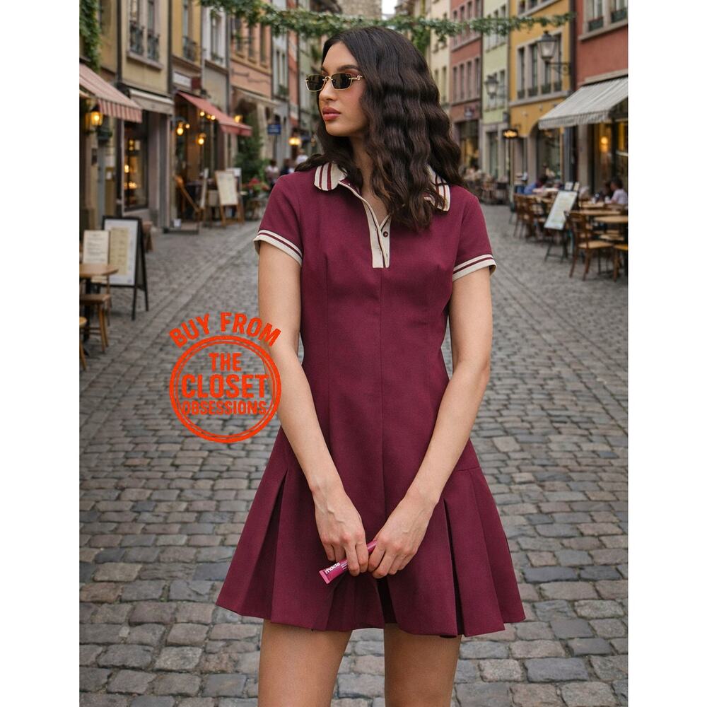 ZARA Wine Red Polo Mini Dress NWT Pleated Tennis Old Money Preppy M